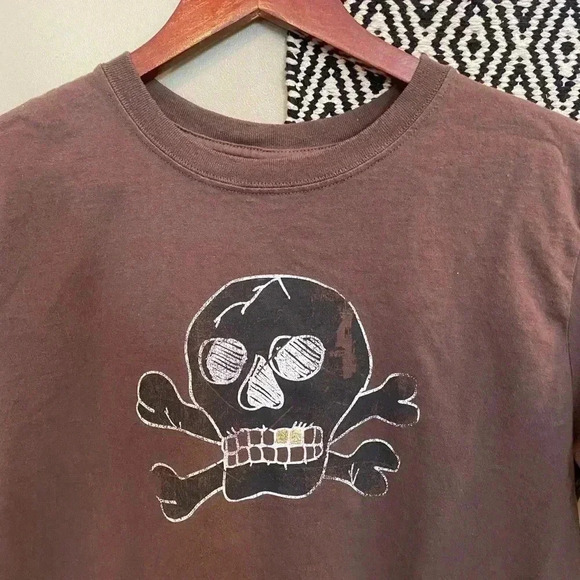 Y2K BROWN SKULL GRAPHIC SHORT SLEEVE TOP - Picture 2 of 4